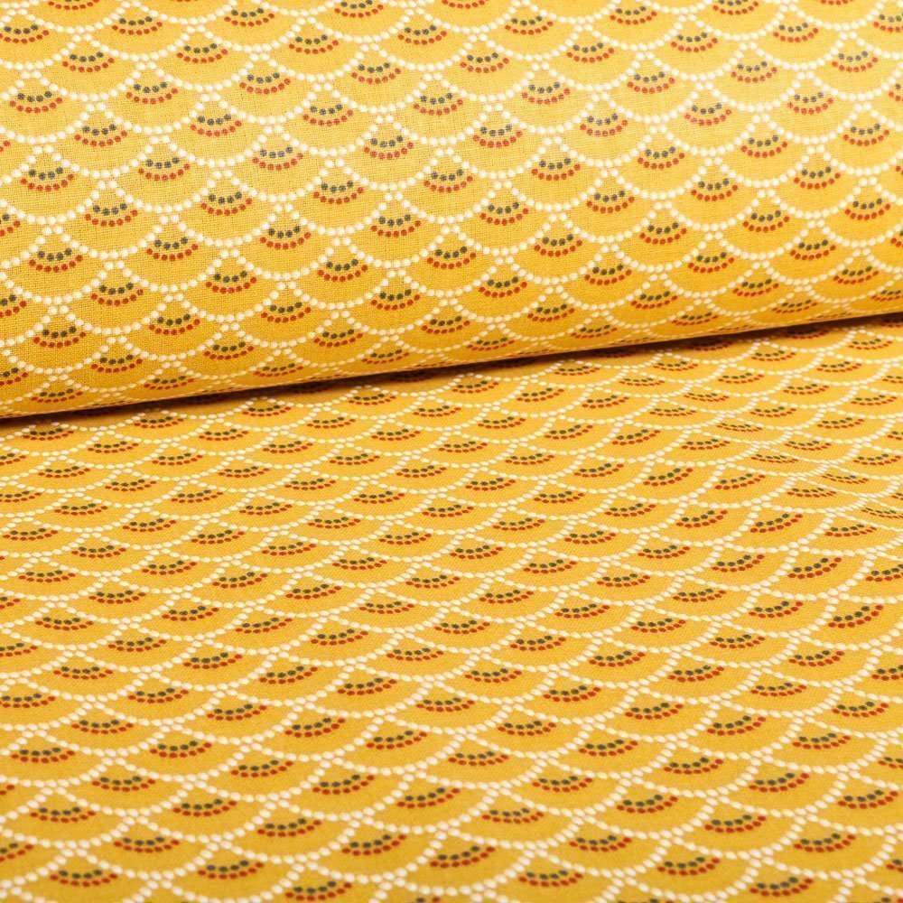 Tissu Coton Imprimé Arty Ambre Eventail pointillés Blancs