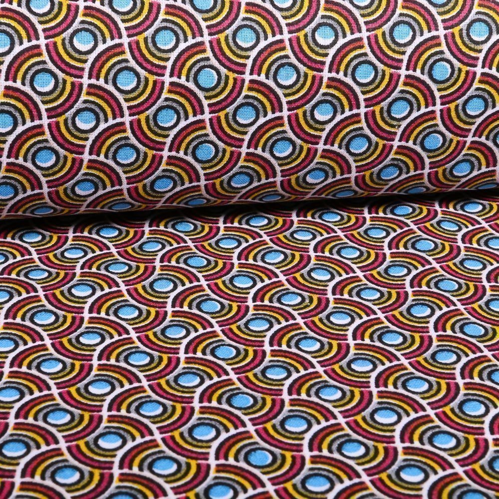 Tissu Coton Imprimé Arty Vagues rondes Fuchsia, jaunes et bleues