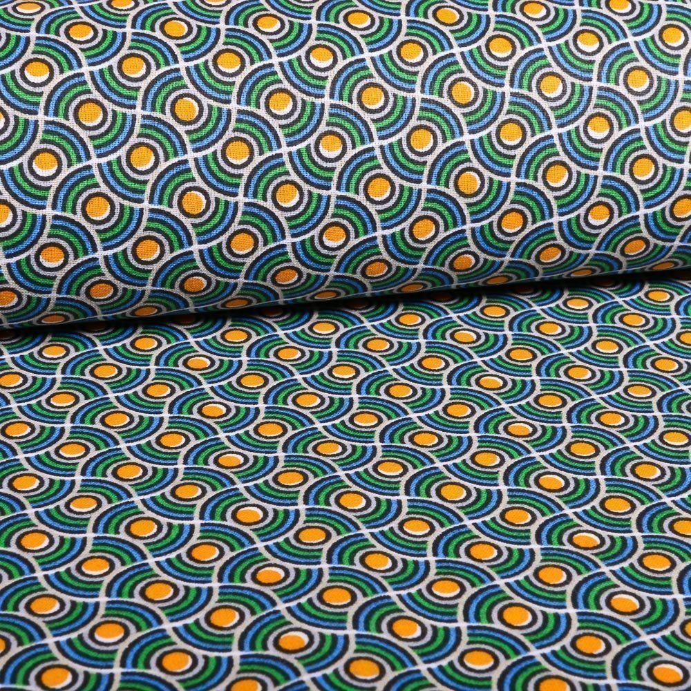 Tissu Coton Imprimé Arty Vagues rondes Bleues, vertes et jaunes