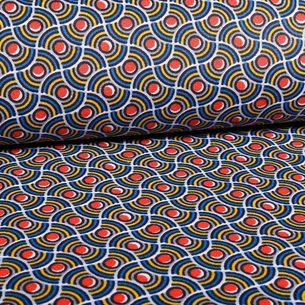 Tissu Coton Imprimé Arty Vagues rondes Rouges, bleues et jaunes