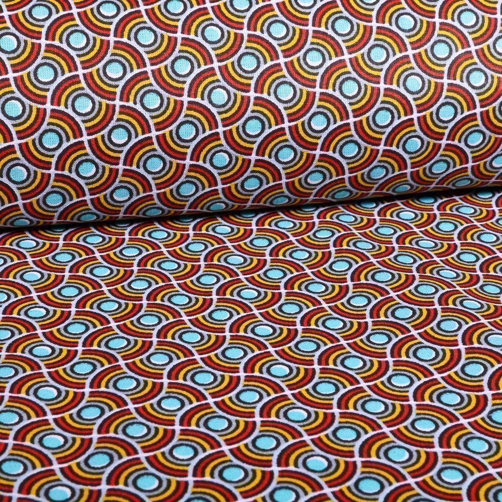 Tissu Coton Imprimé Arty Vagues rondes Rouges, jaunes et turquoise