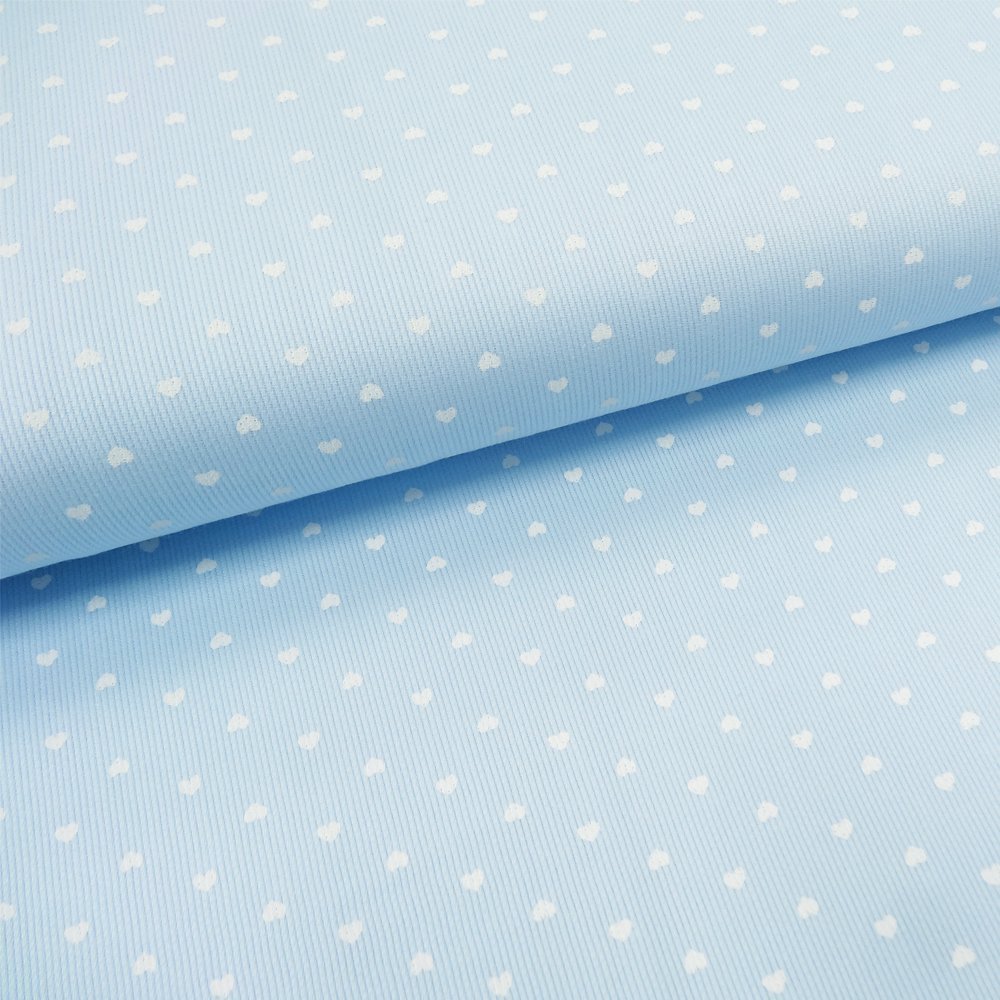 Tissu Piqué de coton Bleu ciel Coeurs Blancs 3 mm