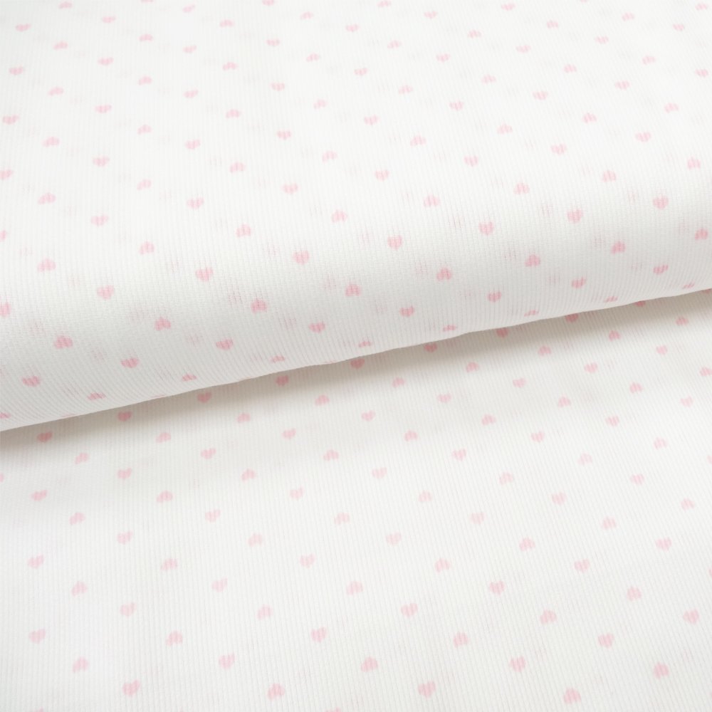 Tissu Piqué de coton Blanc Coeurs Roses clair 3 mm