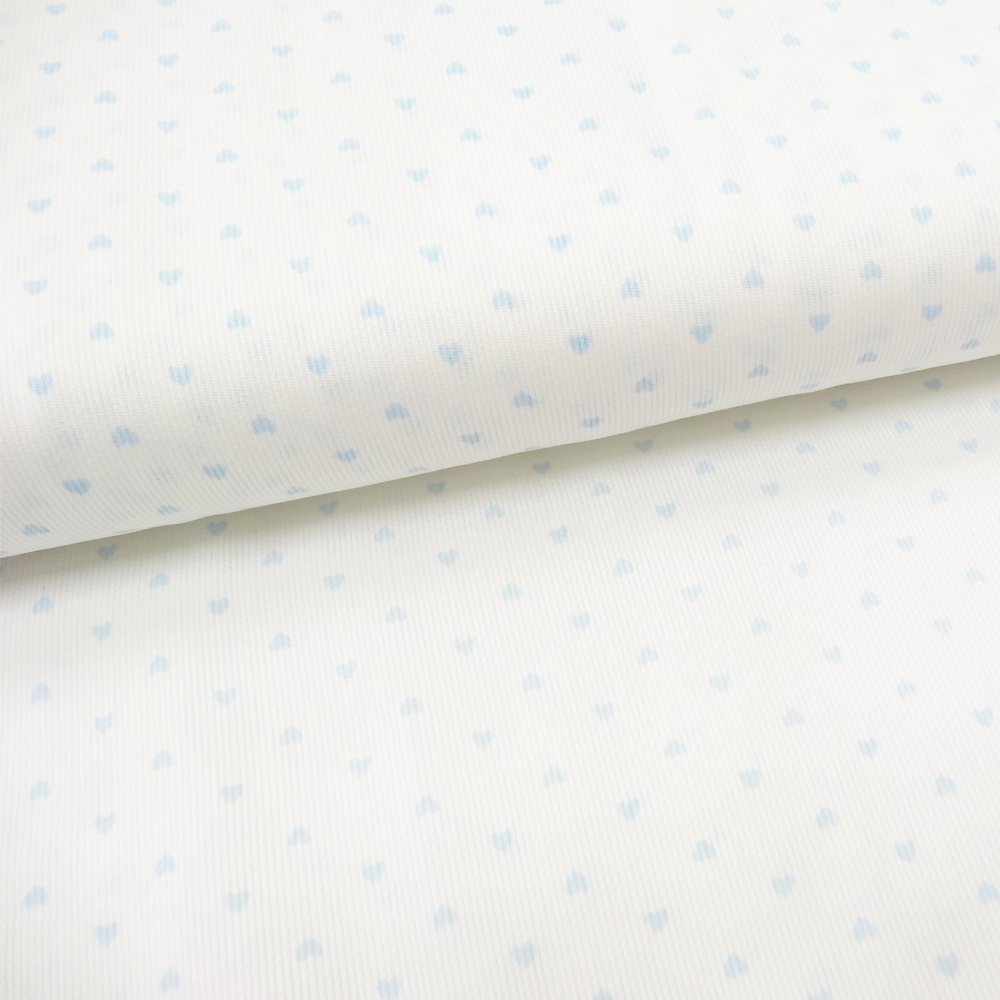 Tissu Piqué de coton Blanc Coeurs Bleu ciel 3 mm