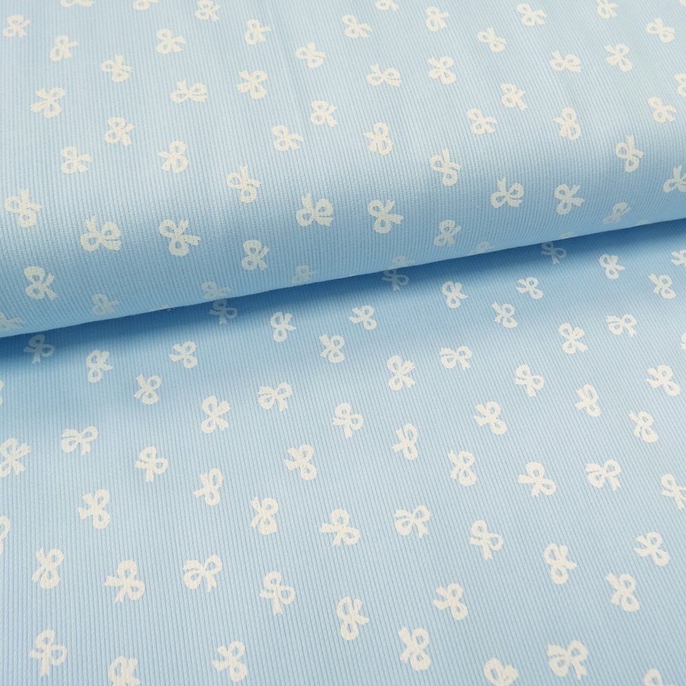 Tissu Piqué de coton Bleu ciel Noeuds Blancs 10 mm