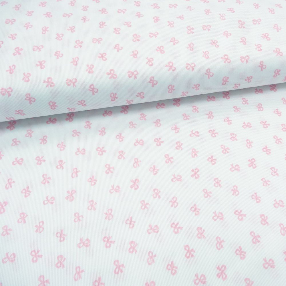 Tissu Piqué de coton Blanc Noeuds Roses 10 mm