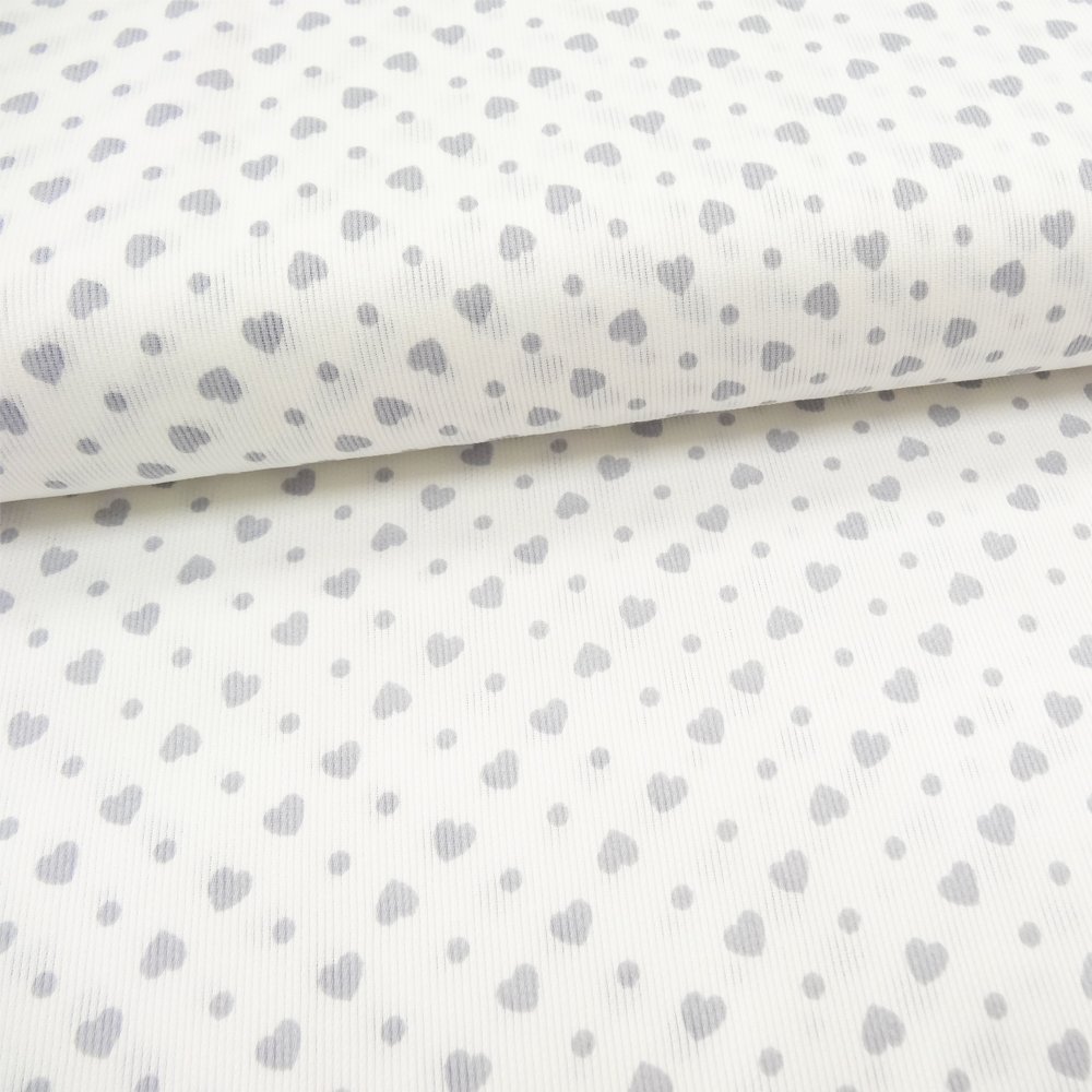 Tissu Piqué de coton Blanc Coeurs Gris clair 6 mm