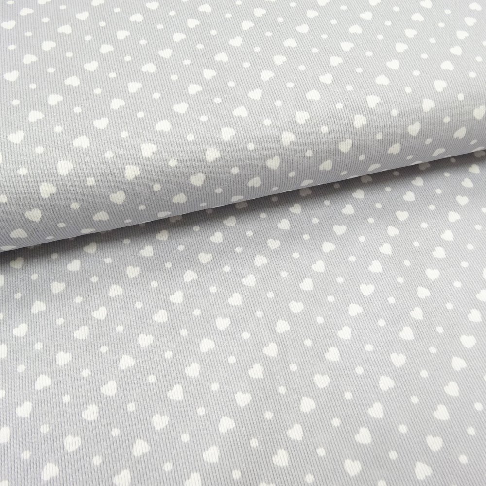 Tissu Piqué de coton Gris clair Coeurs Blancs 6 mm