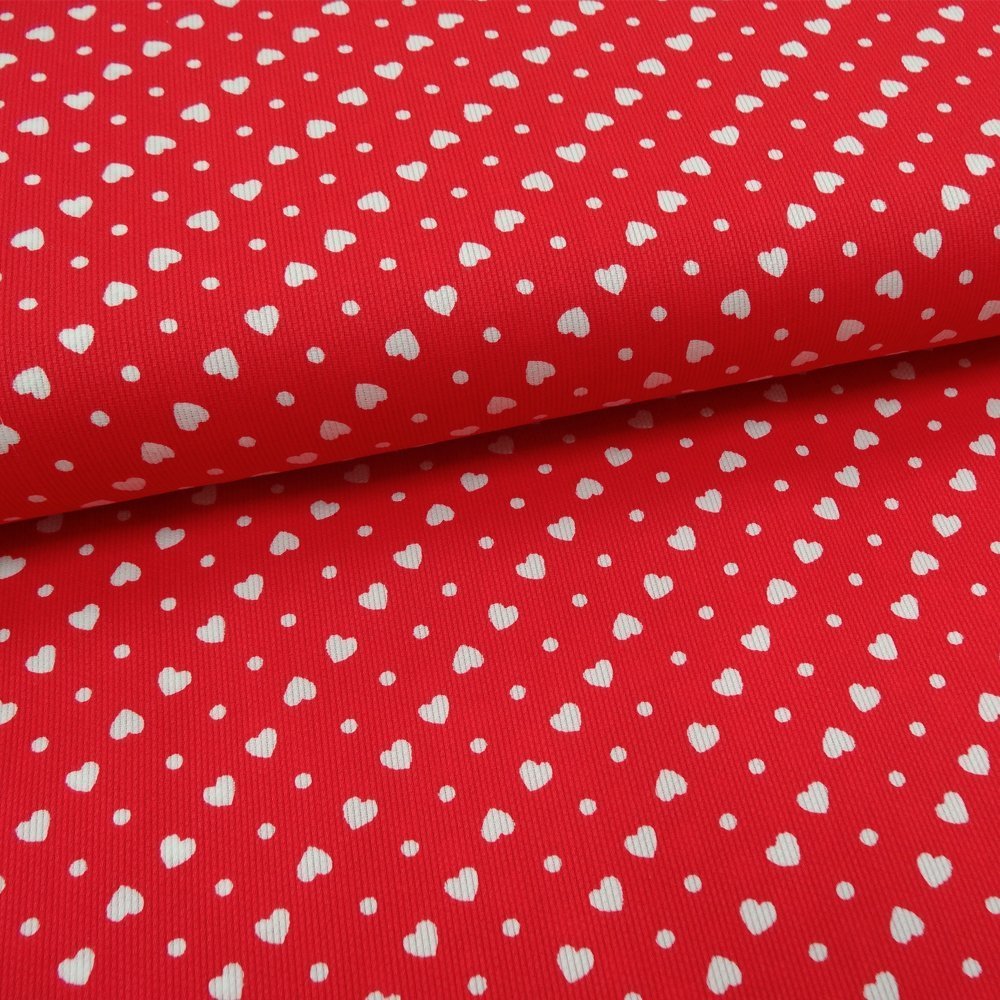 Tissu Piqué de coton Rouge Coeurs Blancs 6 mm