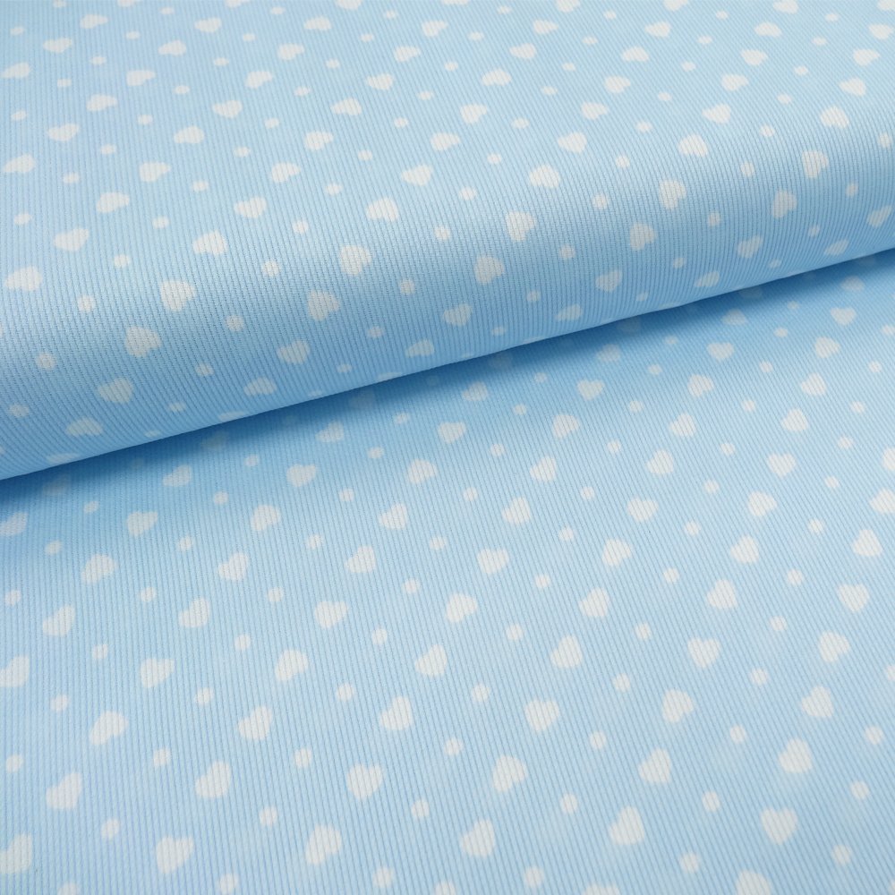 Tissu Piqué de coton Bleu ciel Coeurs Blancs 6 mm