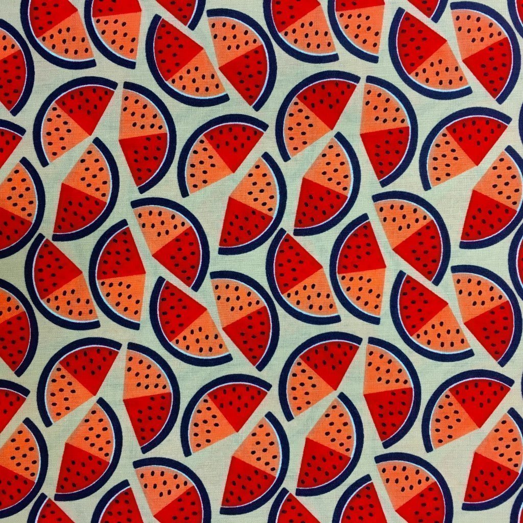 Tissu Coton imprimé Taupe Pastèques Rouges et oranges