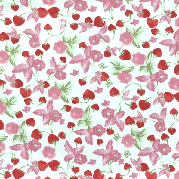 Tissu Jersey Coton Parfumé  Fraise sur fond Blanc - Par 10 cm