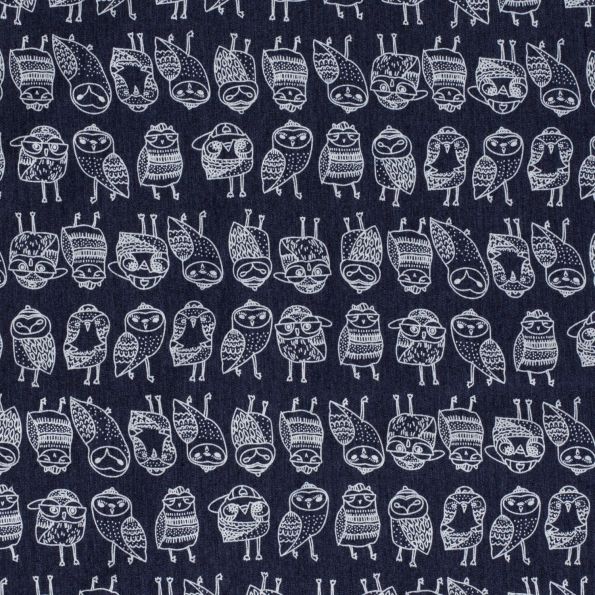 Tissu Denim Jeans léger élasthanne Chouettes Blanches sur fond Bleu jean - Par 10 cm