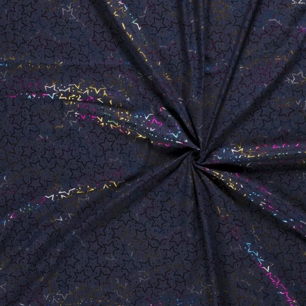 Tissu Chambray Etoiles brillantes Multicolores sur fond Bleu jean - Par 10 cm