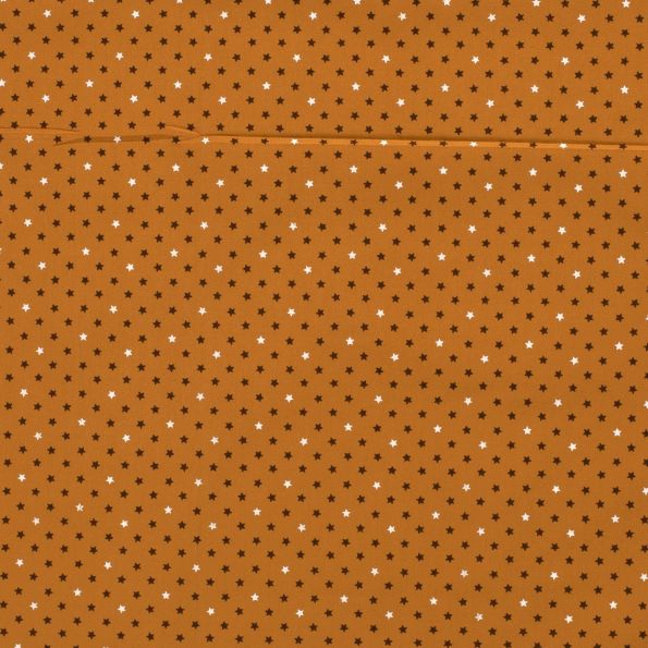 Tissu Popeline imprimée Petites étoiles marron et blanches sur fond Ocre - Par 10 cm