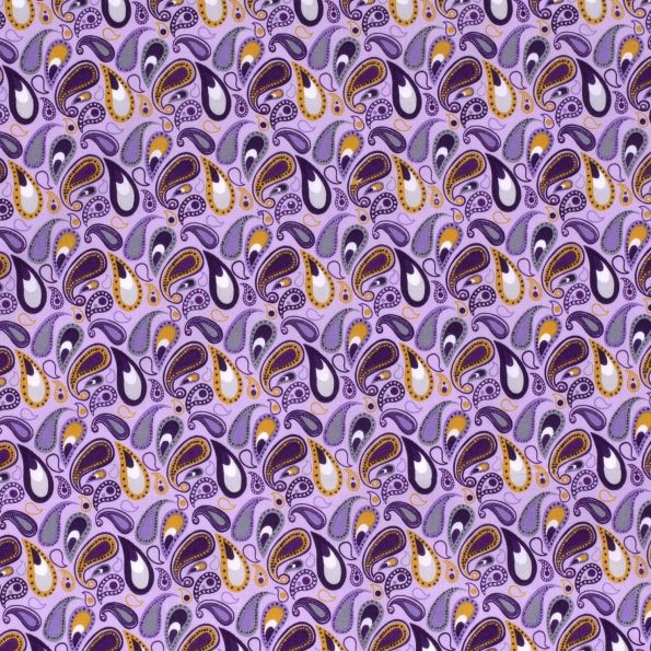 Tissu Popeline Coton LittleBird Motifs Cachemire Moutardes et parmes sur fond Violet - Par 10 cm