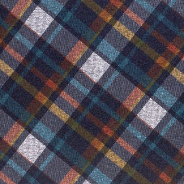 Tissu Jersey Milano Carreaux Bleu pétrole, ocre, terracotta et noir sur fond Gris - Par 10 cm