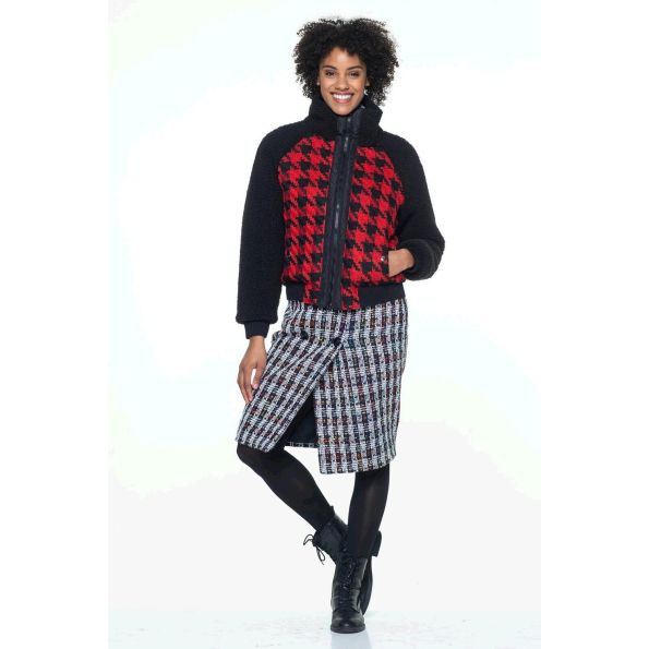 Tissu Tweed Pied de poule rouge sur fond Noir - Par 10 cm