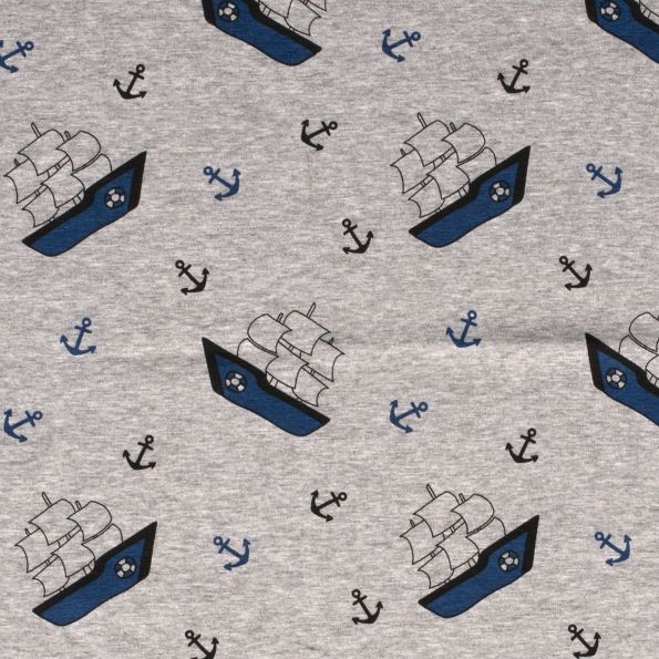 Tissu Sweat  envers minky Bateaux sur fond Gris chiné - Par 10 cm