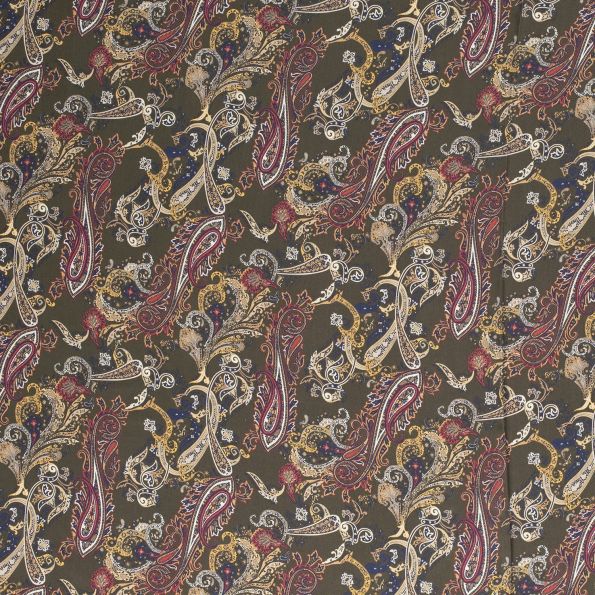 Tissu Tencel imprimé Motif cachemires sur fond Kaki - Par 10 cm