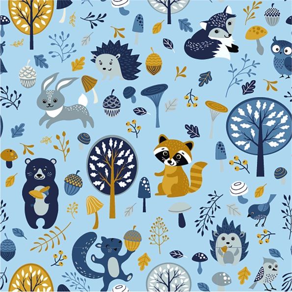 Tissu Jersey Coton LittleBird Animaux de la forêt sur fond Bleu ciel - Par 10 cm