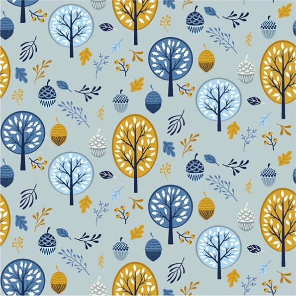 Tissu Jersey Coton LittleBird Arbres et feuilles Moutarde et bleu sur fond Gris - Par 10 cm