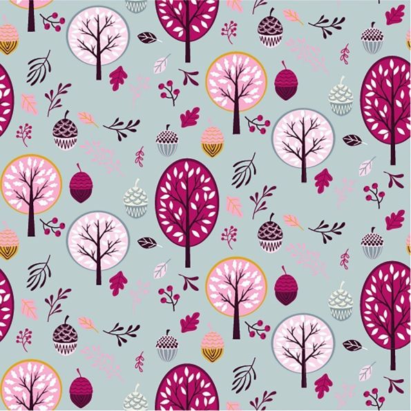 Tissu Jersey Coton LittleBird Arbres et feuilles Rose et fushia sur fond Rose fuchsia - Par 10 cm
