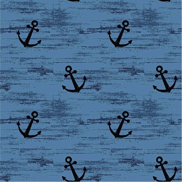 Tissu Jersey Coton Ancres sur fond Bleu denim - Par 10 cm