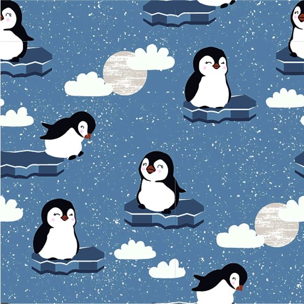 Tissu Jersey Coton LittleBird Pingouins et nuages sur fond Bleu denim - Par 10 cm