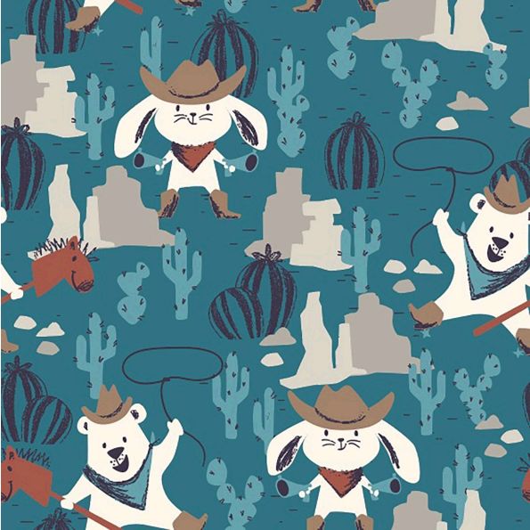 Tissu Jersey Coton Ours et Lapin Western sur fond Bleu pétrole - Par 10 cm
