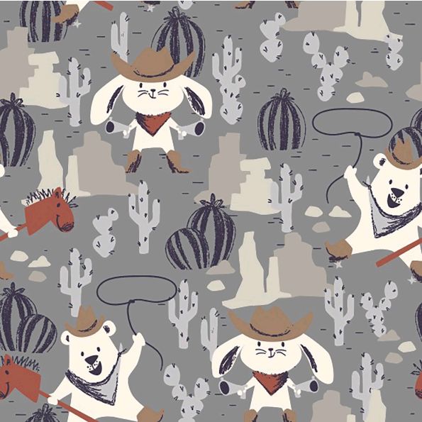 Tissu Jersey Coton Ours et Lapin Western sur fond Gris - Par 10 cm