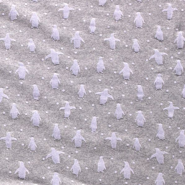 Tissu Sweat léger Pingouins en relief velours sur fond Gris chiné - Par 10 cm