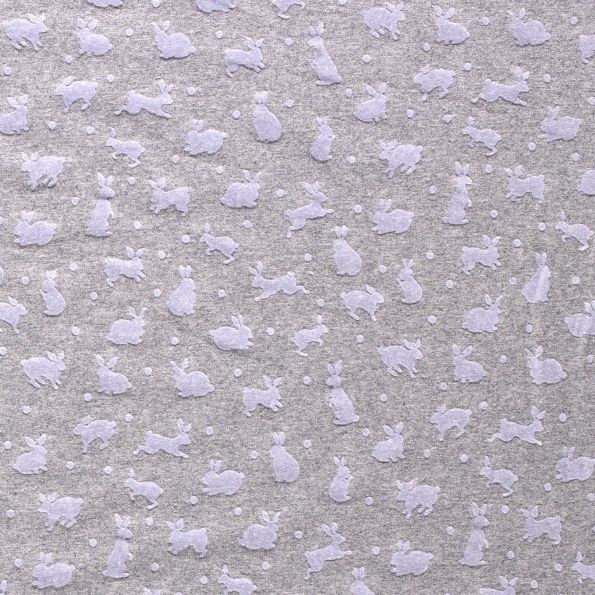 Tissu Sweat léger Lapins en relief velours sur fond Gris chiné - Par 10 cm