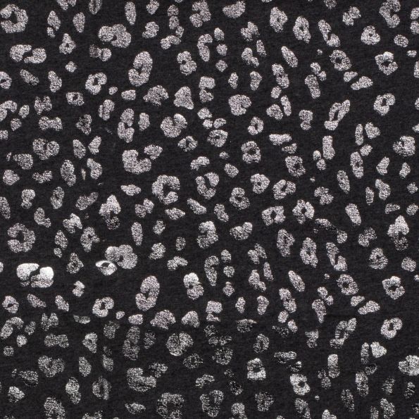 Tissu Jersey Coton Tâches léopard métallisé argenté sur fond Gris chiné - Par 10 cm
