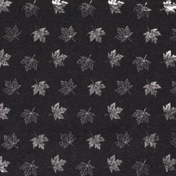 Tissu Jersey Coton Feuilles d'érable métallisées argentées sur fond Gris anthracite chiné - Par 10 cm