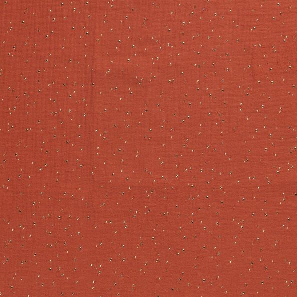 Tissu Double gaze de coton Pois doré sur fond Terracotta - Par 10 cm