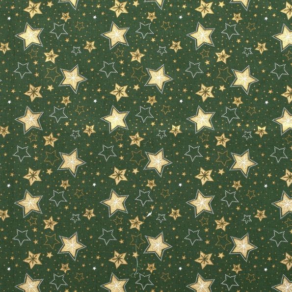 Tissu Coton imprimé Etoiles dorés sur fond Vert sapin - Par 10 cm
