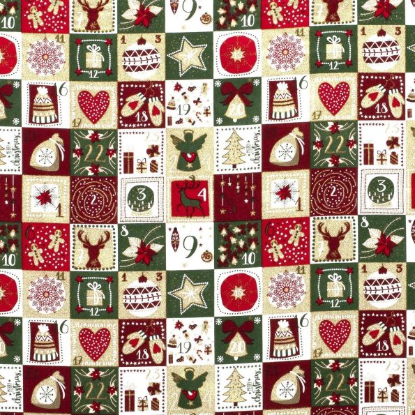 Tissu Coton imprimé Calendrier de l'avent Vert et bordeaux sur fond Blanc - Par 10 cm