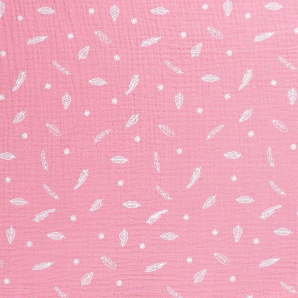 Tissu Triple gaze de coton Plumes et feuilles blanches sur fond Vieux rose - Par 10 cm