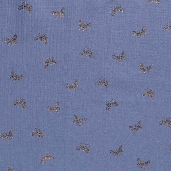 Tissu Double gaze de coton Papillons métallisé doré sur fond Bleu denim - Par 10 cm