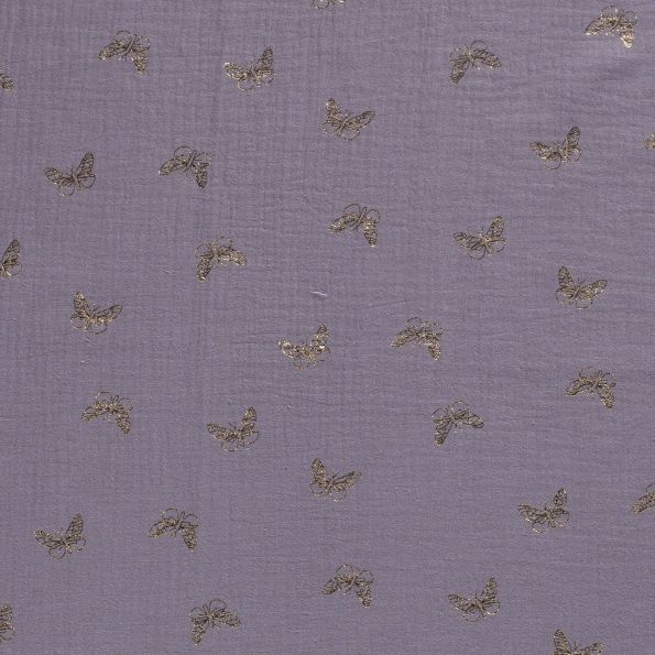 Tissu Double gaze de coton Papillons métallisé doré sur fond Gris anthracite - Par 10 cm