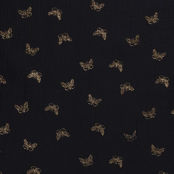 Tissu Double gaze de coton Papillons métallisé doré sur fond Noir - Par 10 cm
