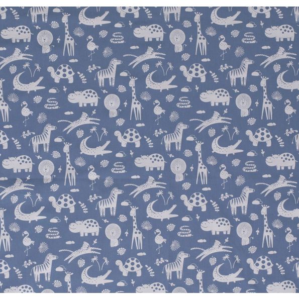 Tissu Popeline de coton Animaux de la Jungle sur fond Bleu denim - Par 10 cm