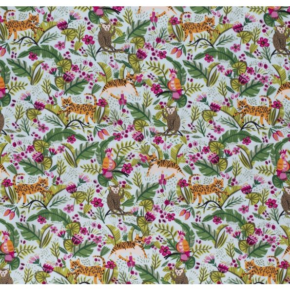 Tissu Coton imprimé Végétations tropical tigres singes et oiseaux sur fond Vert menthe clair - Par 10 cm