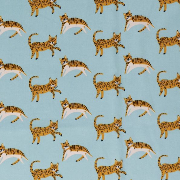 Tissu Coton imprimé Tigres et Léopard sur fond Bleu turquoise - Par 10 cm