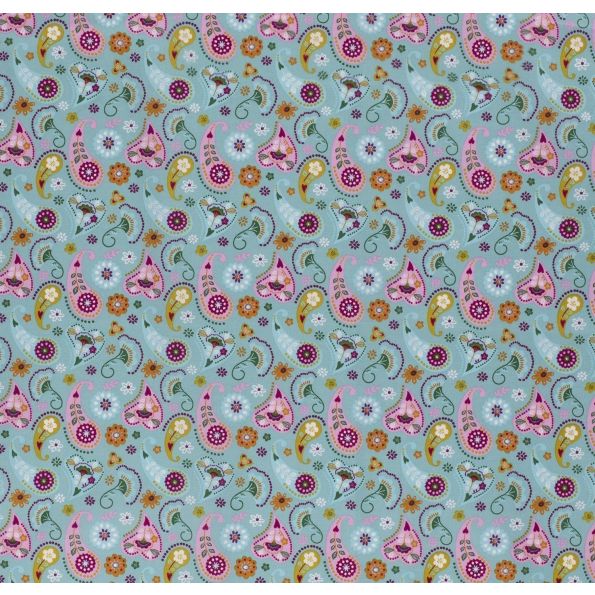 Tissu Coton imprimé Cachemire sur fond Bleu turquoise - Par 10 cm