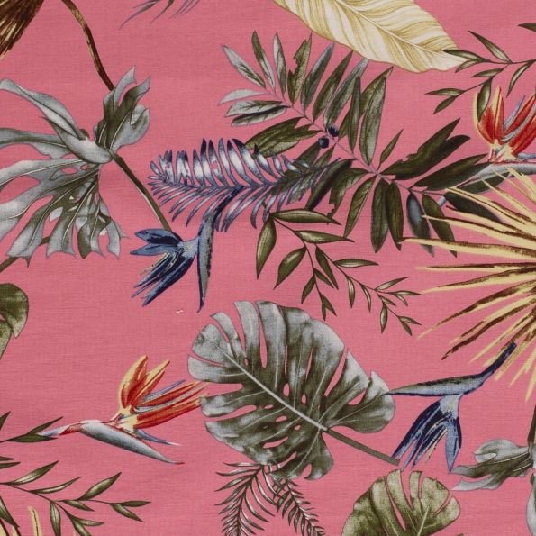 Tissu Bengaline satiné Fleurs de strelitzia et feuillages sur fond Rose bonbon - Par 10 cm