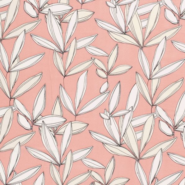 Tissu Mousseline feuilles écru sur fond Rose - Par 10 cm