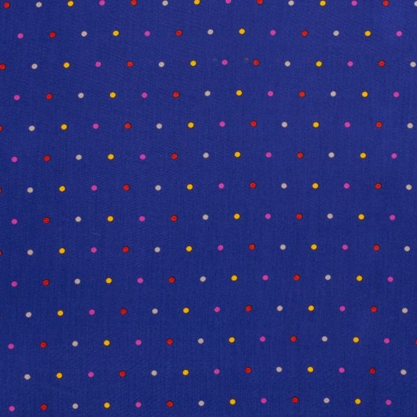 Tissu Viscose imprimé  pois roses, jaunes, rouges et gris sur fond Bleu roi - Par 10 cm