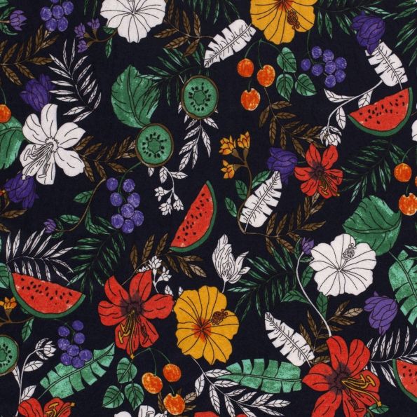 Tissu Viscose Nylon extensible Méli mélo de fleurs et de fruits sur fond Bleu marine - Par 10 cm